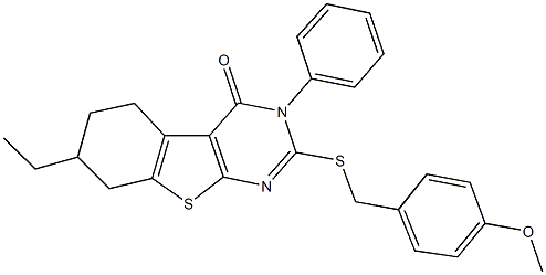 7-ethyl-2-[(4-methoxybenzyl)sulfanyl]-3-phenyl-5,6,7,8-tetrahydro[1]benzothieno[2,3-d]pyrimidin-4(3H)-one Struktur