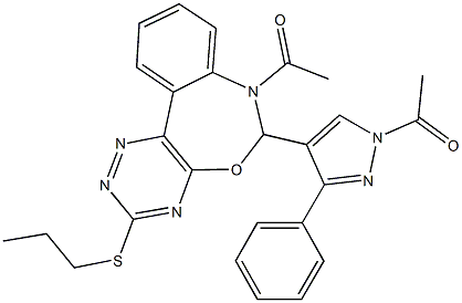 7-acetyl-6-(1-acetyl-3-phenyl-1H-pyrazol-4-yl)-3-(propylsulfanyl)-6,7-dihydro[1,2,4]triazino[5,6-d][3,1]benzoxazepine Struktur