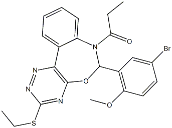 4-bromo-2-[3-(ethylsulfanyl)-7-propionyl-6,7-dihydro[1,2,4]triazino[5,6-d][3,1]benzoxazepin-6-yl]phenyl methyl ether Struktur