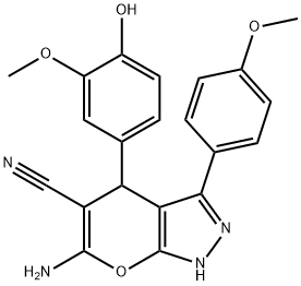 6-amino-4-(4-hydroxy-3-methoxyphenyl)-3-(4-methoxyphenyl)-1,4-dihydropyrano[2,3-c]pyrazole-5-carbonitrile Struktur