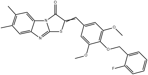 2-{4-[(2-fluorobenzyl)oxy]-3,5-dimethoxybenzylidene}-6,7-dimethyl[1,3]thiazolo[3,2-a]benzimidazol-3(2H)-one Struktur