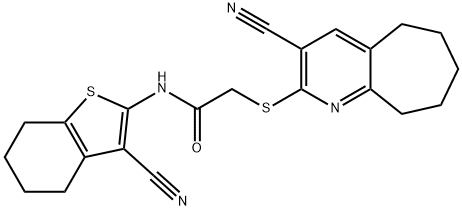 N-(3-cyano-4,5,6,7-tetrahydro-1-benzothien-2-yl)-2-[(3-cyano-6,7,8,9-tetrahydro-5H-cyclohepta[b]pyridin-2-yl)sulfanyl]acetamide Struktur