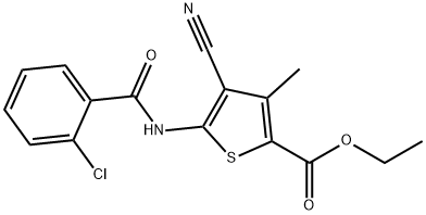 ethyl 5-[(2-chlorobenzoyl)amino]-4-cyano-3-methyl-2-thiophenecarboxylate Struktur