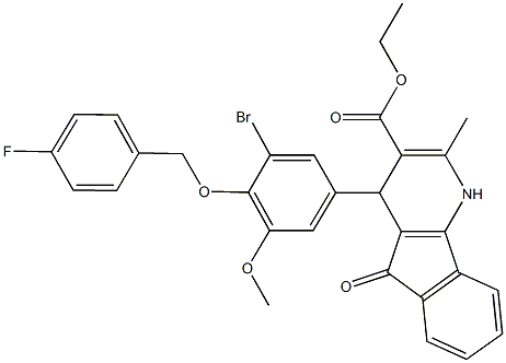 ethyl 4-{3-bromo-4-[(4-fluorobenzyl)oxy]-5-methoxyphenyl}-2-methyl-5-oxo-4,5-dihydro-1H-indeno[1,2-b]pyridine-3-carboxylate Struktur