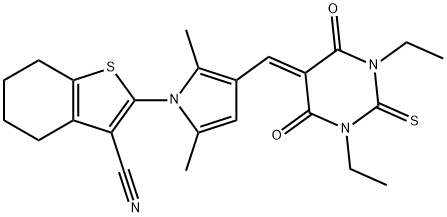 2-{3-[(1,3-diethyl-4,6-dioxo-2-thioxotetrahydro-5(2H)-pyrimidinylidene)methyl]-2,5-dimethyl-1H-pyrrol-1-yl}-4,5,6,7-tetrahydro-1-benzothiophene-3-carbonitrile Struktur