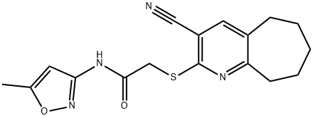 2-[(3-cyano-6,7,8,9-tetrahydro-5H-cyclohepta[b]pyridin-2-yl)sulfanyl]-N-(5-methyl-3-isoxazolyl)acetamide Struktur