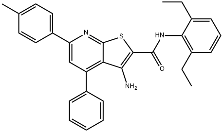 3-amino-N-(2,6-diethylphenyl)-6-(4-methylphenyl)-4-phenylthieno[2,3-b]pyridine-2-carboxamide Struktur