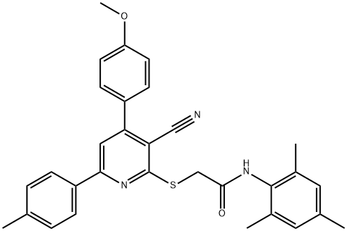 2-{[3-cyano-4-(4-methoxyphenyl)-6-(4-methylphenyl)-2-pyridinyl]sulfanyl}-N-mesitylacetamide Struktur