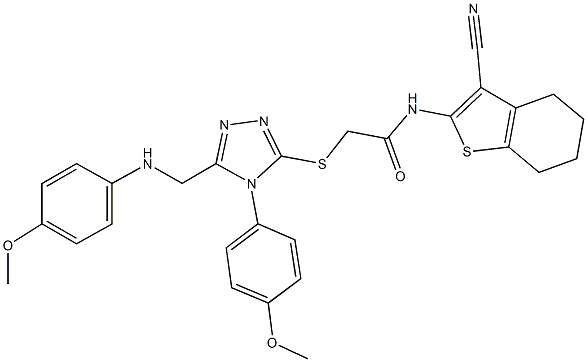 N-(3-cyano-4,5,6,7-tetrahydro-1-benzothien-2-yl)-2-{[5-[(4-methoxyanilino)methyl]-4-(4-methoxyphenyl)-4H-1,2,4-triazol-3-yl]sulfanyl}acetamide Struktur