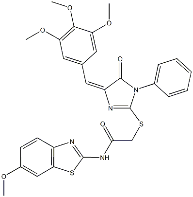 N-(6-methoxy-1,3-benzothiazol-2-yl)-2-{[5-oxo-1-phenyl-4-(3,4,5-trimethoxybenzylidene)-4,5-dihydro-1H-imidazol-2-yl]sulfanyl}acetamide Struktur