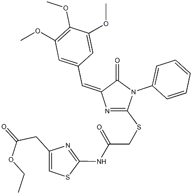 ethyl {2-[({[5-oxo-1-phenyl-4-(3,4,5-trimethoxybenzylidene)-4,5-dihydro-1H-imidazol-2-yl]sulfanyl}acetyl)amino]-1,3-thiazol-4-yl}acetate Struktur