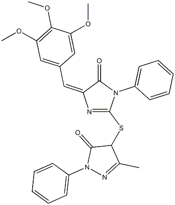 5-methyl-4-{[5-oxo-1-phenyl-4-(3,4,5-trimethoxybenzylidene)-4,5-dihydro-1H-imidazol-2-yl]sulfanyl}-2-phenyl-2,4-dihydro-3H-pyrazol-3-one Struktur