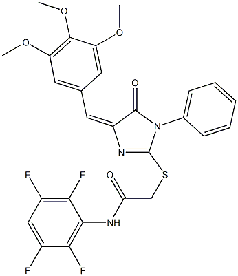 2-{[5-oxo-1-phenyl-4-(3,4,5-trimethoxybenzylidene)-4,5-dihydro-1H-imidazol-2-yl]sulfanyl}-N-(2,3,5,6-tetrafluorophenyl)acetamide Struktur