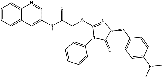 2-({4-[4-(dimethylamino)benzylidene]-5-oxo-1-phenyl-4,5-dihydro-1H-imidazol-2-yl}sulfanyl)-N-(3-quinolinyl)acetamide Struktur