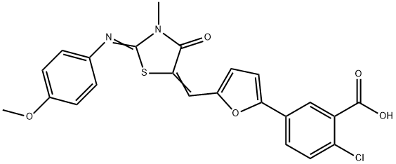 2-chloro-5-[5-({2-[(4-methoxyphenyl)imino]-3-methyl-4-oxo-1,3-thiazolidin-5-ylidene}methyl)-2-furyl]benzoic acid Struktur