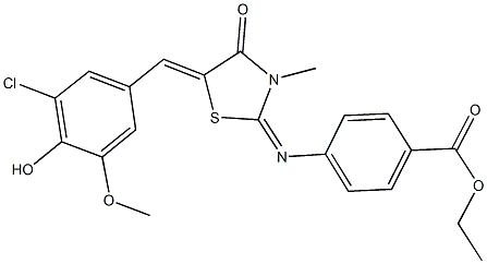 ethyl 4-{[5-(3-chloro-4-hydroxy-5-methoxybenzylidene)-3-methyl-4-oxo-1,3-thiazolidin-2-ylidene]amino}benzoate Struktur