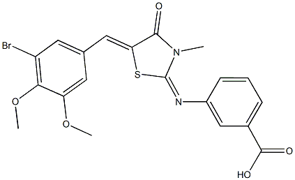 3-{[5-(3-bromo-4,5-dimethoxybenzylidene)-3-methyl-4-oxo-1,3-thiazolidin-2-ylidene]amino}benzoic acid Struktur