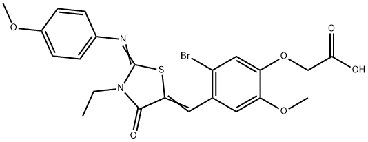 [5-bromo-4-({3-ethyl-2-[(4-methoxyphenyl)imino]-4-oxo-1,3-thiazolidin-5-ylidene}methyl)-2-methoxyphenoxy]acetic acid Struktur