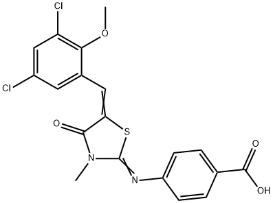 4-{[5-(3,5-dichloro-2-methoxybenzylidene)-3-methyl-4-oxo-1,3-thiazolidin-2-ylidene]amino}benzoic acid Struktur