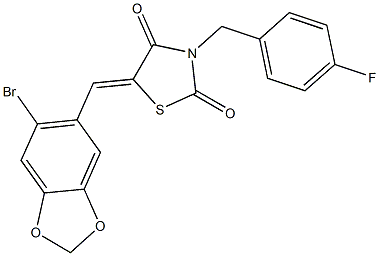 5-[(6-bromo-1,3-benzodioxol-5-yl)methylene]-3-(4-fluorobenzyl)-1,3-thiazolidine-2,4-dione Struktur