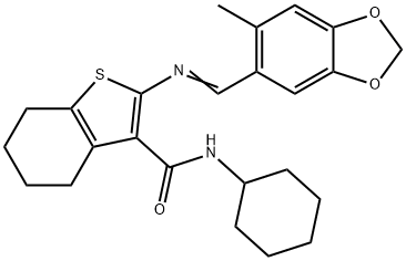 N-cyclohexyl-2-{[(6-methyl-1,3-benzodioxol-5-yl)methylene]amino}-4,5,6,7-tetrahydro-1-benzothiophene-3-carboxamide Struktur