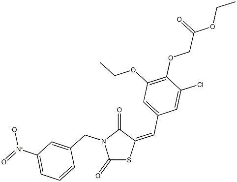 ethyl {2-chloro-6-ethoxy-4-[(3-{3-nitrobenzyl}-2,4-dioxo-1,3-thiazolidin-5-ylidene)methyl]phenoxy}acetate Struktur