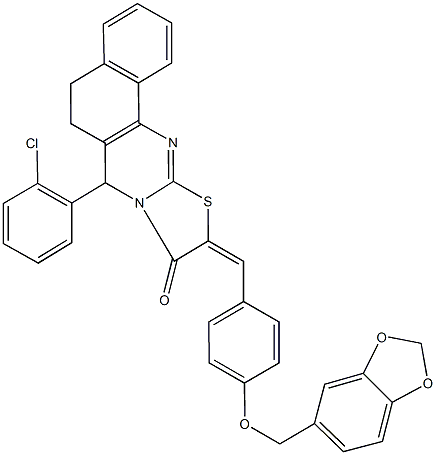 10-[4-(1,3-benzodioxol-5-ylmethoxy)benzylidene]-7-(2-chlorophenyl)-5,7-dihydro-6H-benzo[h][1,3]thiazolo[2,3-b]quinazolin-9(10H)-one Struktur