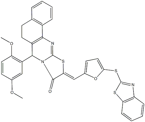 10-{[5-(1,3-benzothiazol-2-ylsulfanyl)-2-furyl]methylene}-7-(2,5-dimethoxyphenyl)-5,7-dihydro-6H-benzo[h][1,3]thiazolo[2,3-b]quinazolin-9(10H)-one Struktur