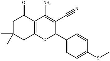 4-amino-7,7-dimethyl-2-[4-(methylsulfanyl)phenyl]-5-oxo-5,6,7,8-tetrahydro-2H-chromene-3-carbonitrile Struktur