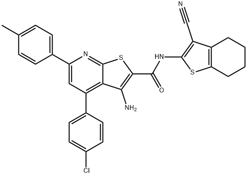 3-amino-4-(4-chlorophenyl)-N-(3-cyano-4,5,6,7-tetrahydro-1-benzothien-2-yl)-6-(4-methylphenyl)thieno[2,3-b]pyridine-2-carboxamide Struktur