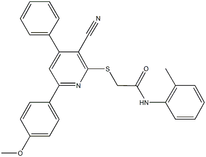 2-{[3-cyano-6-(4-methoxyphenyl)-4-phenyl-2-pyridinyl]sulfanyl}-N-(2-methylphenyl)acetamide Struktur