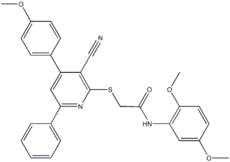 2-{[3-cyano-4-(4-methoxyphenyl)-6-phenyl-2-pyridinyl]sulfanyl}-N-(2,5-dimethoxyphenyl)acetamide Struktur