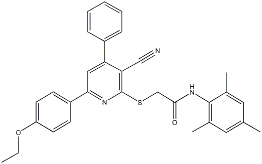 2-{[3-cyano-6-(4-ethoxyphenyl)-4-phenyl-2-pyridinyl]sulfanyl}-N-mesitylacetamide Struktur