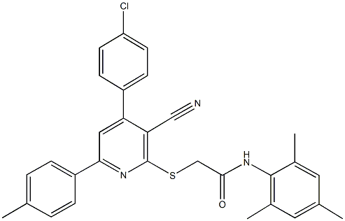 2-{[4-(4-chlorophenyl)-3-cyano-6-(4-methylphenyl)-2-pyridinyl]sulfanyl}-N-mesitylacetamide Struktur