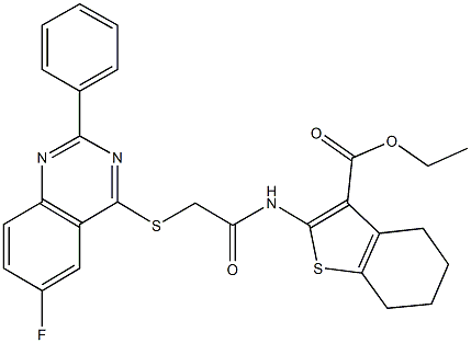 ethyl 2-({[(6-fluoro-2-phenyl-4-quinazolinyl)sulfanyl]acetyl}amino)-4,5,6,7-tetrahydro-1-benzothiophene-3-carboxylate Struktur