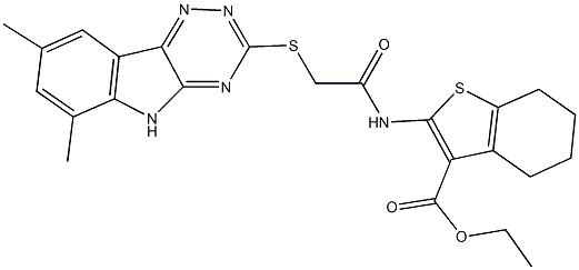 ethyl 2-({[(6,8-dimethyl-5H-[1,2,4]triazino[5,6-b]indol-3-yl)sulfanyl]acetyl}amino)-4,5,6,7-tetrahydro-1-benzothiophene-3-carboxylate Struktur