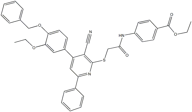 ethyl 4-{[({4-[4-(benzyloxy)-3-ethoxyphenyl]-3-cyano-6-phenyl-2-pyridinyl}sulfanyl)acetyl]amino}benzoate Struktur