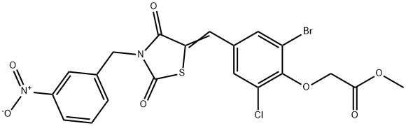 methyl {2-bromo-6-chloro-4-[(3-{3-nitrobenzyl}-2,4-dioxo-1,3-thiazolidin-5-ylidene)methyl]phenoxy}acetate Struktur