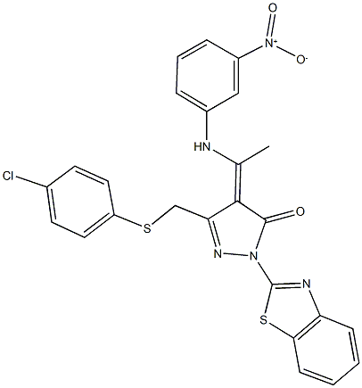 2-(1,3-benzothiazol-2-yl)-5-{[(4-chlorophenyl)sulfanyl]methyl}-4-(1-{3-nitroanilino}ethylidene)-2,4-dihydro-3H-pyrazol-3-one Struktur