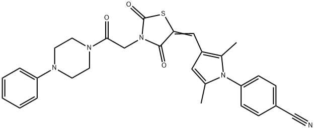 4-[3-({2,4-dioxo-3-[2-oxo-2-(4-phenyl-1-piperazinyl)ethyl]-1,3-thiazolidin-5-ylidene}methyl)-2,5-dimethyl-1H-pyrrol-1-yl]benzonitrile Struktur