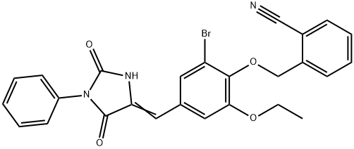 2-({2-bromo-4-[(2,5-dioxo-1-phenylimidazolidin-4-ylidene)methyl]-6-ethoxyphenoxy}methyl)benzonitrile Struktur