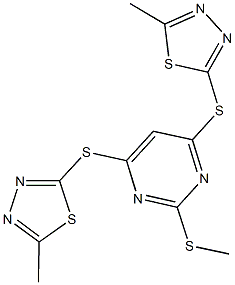 2-(methylsulfanyl)-4,6-bis[(5-methyl-1,3,4-thiadiazol-2-yl)sulfanyl]pyrimidine Struktur