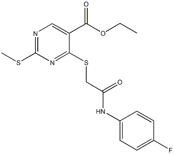 ethyl 4-{[2-(4-fluoroanilino)-2-oxoethyl]sulfanyl}-2-(methylsulfanyl)-5-pyrimidinecarboxylate Struktur