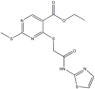 ethyl 2-(methylsulfanyl)-4-{[2-oxo-2-(1,3-thiazol-2-ylamino)ethyl]sulfanyl}-5-pyrimidinecarboxylate Struktur