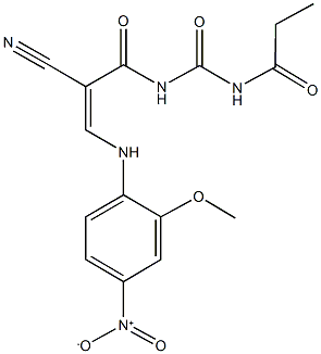 N-(2-cyano-3-{4-nitro-2-methoxyanilino}acryloyl)-N'-propionylurea Struktur