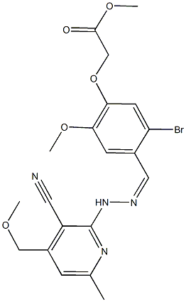 methyl (5-bromo-4-{2-[3-cyano-4-(methoxymethyl)-6-methyl-2-pyridinyl]carbohydrazonoyl}-2-methoxyphenoxy)acetate Struktur