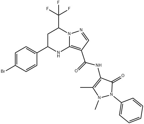 5-(4-bromophenyl)-N-(1,5-dimethyl-3-oxo-2-phenyl-2,3-dihydro-1H-pyrazol-4-yl)-7-(trifluoromethyl)-4,5,6,7-tetrahydropyrazolo[1,5-a]pyrimidine-3-carboxamide Struktur