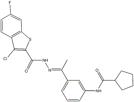 N-(3-{N-[(3-chloro-6-fluoro-1-benzothien-2-yl)carbonyl]ethanehydrazonoyl}phenyl)cyclopentanecarboxamide Struktur