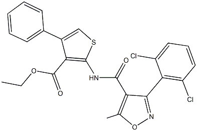 ethyl 2-({[3-(2,6-dichlorophenyl)-5-methyl-4-isoxazolyl]carbonyl}amino)-4-phenyl-3-thiophenecarboxylate Struktur