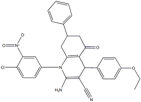 2-amino-1-{4-chloro-3-nitrophenyl}-4-(4-ethoxyphenyl)-5-oxo-7-phenyl-1,4,5,6,7,8-hexahydro-3-quinolinecarbonitrile Struktur